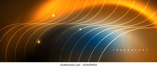 Trendy neon blue abstract design with waves and circles. Neon light glowing effect. Abstract digital background. Vector