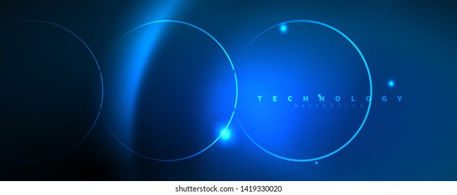 Trendy neon blue abstract design with waves and circles. Neon light glowing effect. Abstract digital background. Vector