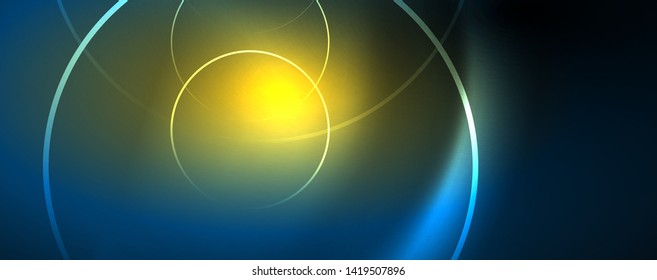 Trendy neon blue abstract design with waves and circles. Neon light glowing effect. Abstract digital background. Vector