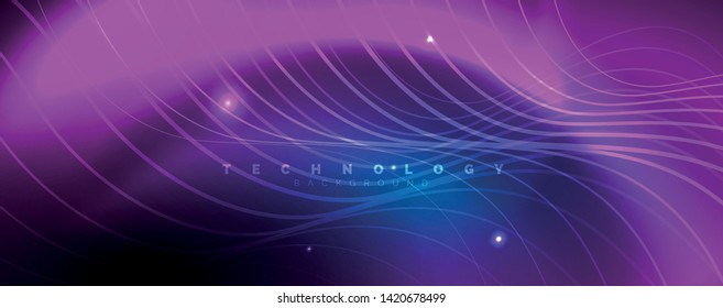 Trendy neon blue abstract design with waves and circles. Neon light glowing effect. Abstract digital background. Vector