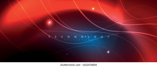 Trendy neon blue abstract design with waves and circles. Neon light glowing effect. Abstract digital background. Vector