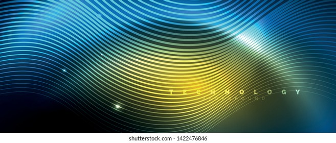 Trendy neon blue abstract design with waves and circles. Neon light glowing effect. Abstract digital background. Vector