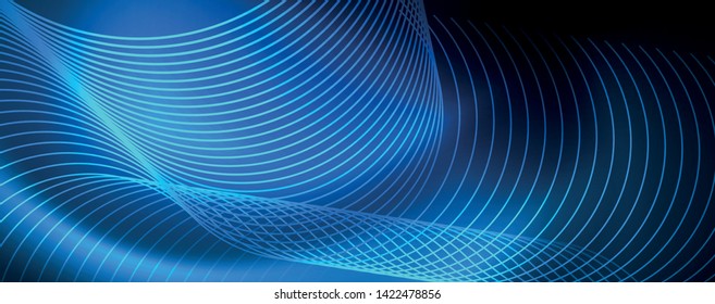 Trendy neon blue abstract design with waves and circles. Neon light glowing effect. Abstract digital background. Vector