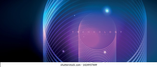 Trendy neon blue abstract design with waves and circles. Neon light glowing effect. Abstract digital background. Vector