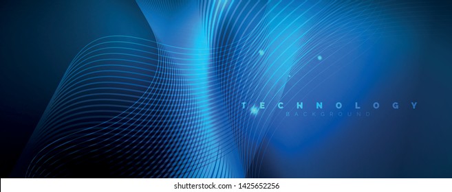 Trendy neon blue abstract design with waves and circles. Neon light glowing effect. Abstract digital background. Vector
