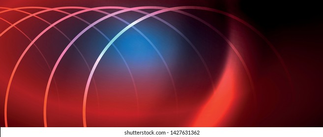 Trendy neon blue abstract design with waves and circles. Neon light glowing effect. Abstract digital background. Vector
