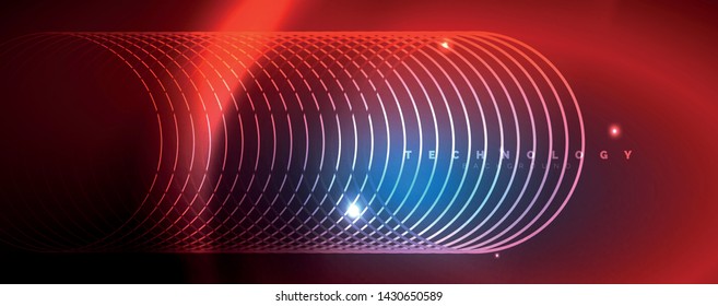 Trendy neon blue abstract design with waves and circles. Neon light glowing effect. Abstract digital background. Vector
