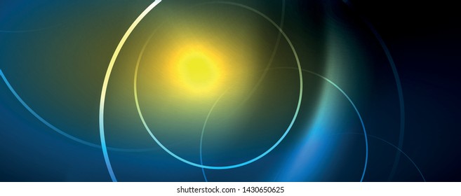Trendy neon blue abstract design with waves and circles. Neon light glowing effect. Abstract digital background. Vector
