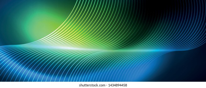 Trendy neon blue abstract design with waves and circles. Neon light glowing effect. Abstract digital background. Vector