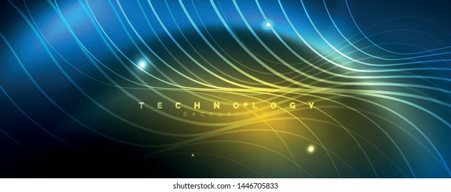Trendy neon blue abstract design with waves and circles. Neon light glowing effect. Abstract digital background. Vector