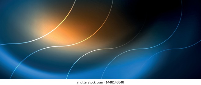 Trendy neon blue abstract design with waves and circles. Neon light glowing effect. Abstract digital background. Vector