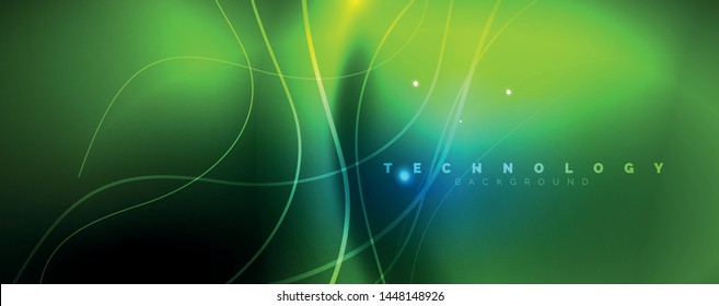 Trendy neon blue abstract design with waves and circles. Neon light glowing effect. Abstract digital background. Vector