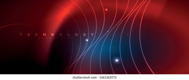 Trendy neon blue abstract design with waves and circles. Neon light glowing effect. Abstract digital background. Vector