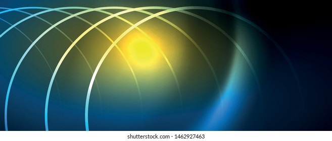 Trendy neon blue abstract design with waves and circles. Neon light glowing effect. Abstract digital background. Vector