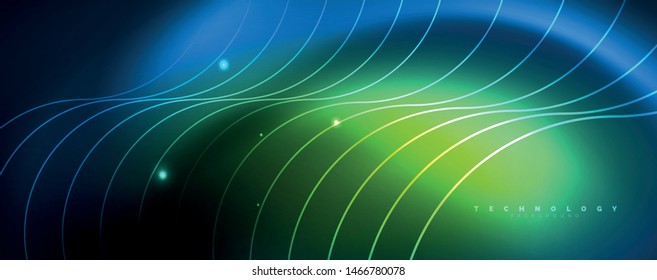 Trendy neon blue abstract design with waves and circles. Neon light glowing effect. Abstract digital background. Vector