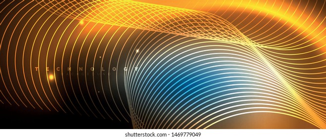 Trendy neon blue abstract design with waves and circles. Neon light glowing effect. Abstract digital background. Vector
