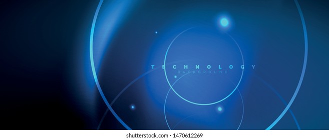 Trendy neon blue abstract design with waves and circles. Neon light glowing effect. Abstract digital background. Vector
