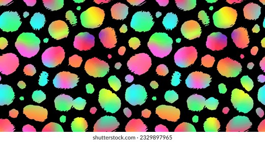 Trendy Neon Cheetah pattern horizontal background. Vector rainbow wild animal leopard skin, gradient leo texture with neon spots on black background for fashion print design, wallpaper, backgrounds.