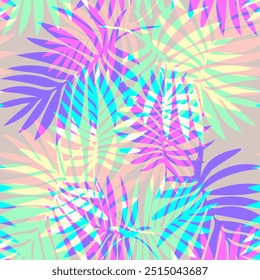 Trendy neon colors Iridescent vector seamless pattern with tropical leaves. Perfect for fashion apparel fabric, trendy package, bedding, wallpaper, accessories, outerwear, cloth textile.