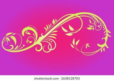 Trendy neon floral swirl ornament with leaves on a vibrant pink to purple gradient background, ideal for modern digital design.