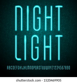 Trendy neon font, vibrant modern alphabet, blue letters and numbers, vector illustration 10eps