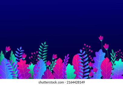 Trendy neon gradient plants and leaves background in flat style with space for text. Tropical foliage and flowers. Autumn, spring and summer nature pattern. Vector banner.