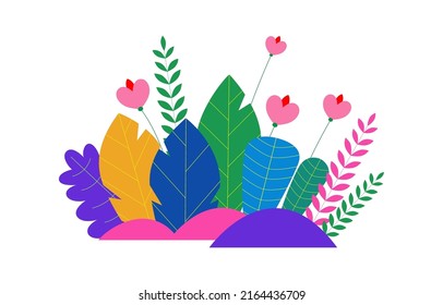 Trendy neon gradient plants and leaves background in flat style. Trees, summer and spring flowers, bushes. Forest, garden or tropical jungle backdrop. Vector.