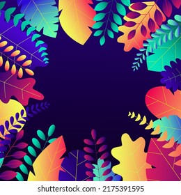 Trendy neon gradient plants and leaves background in flat style with space for text. Tropical foliage and flowers. Autumn, spring and summer nature pattern. Vector banner.