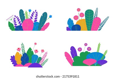 Trendy neon gradient plants and leaves background in flat style. Trees, summer and spring flowers, bushes. Forest, garden or tropical jungle backdrop. Vector.