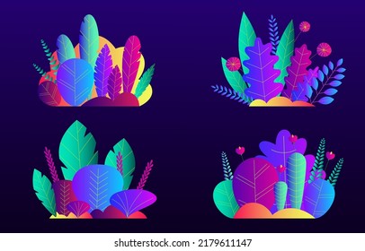 Trendy neon gradient plants and leaves background in flat style. Trees, summer and spring flowers, bushes. Forest, garden or tropical jungle backdrop. Vector.