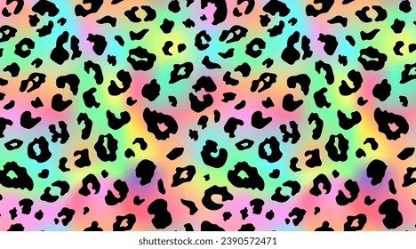 Trendy Neon Leopard pattern background. Vector rainbow wild animal leo skin, cheetah texture with black spots on rainbow gradient background for fashion print design, textile, wallpaper.