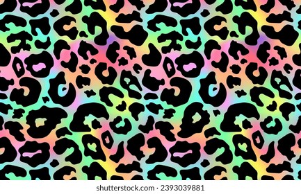 Trendy Neon Leopard pattern background. Vector rainbow wild animal leo skin, cheetah texture with black spots on rainbow gradient background for fashion print design, textile, wallpaper.