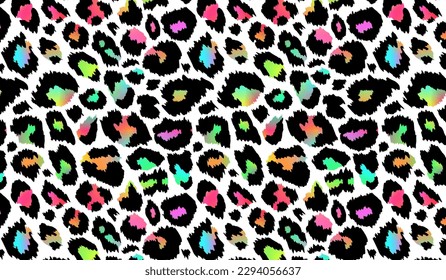 Fondo horizontal de diseño de Neon Leopard. Piel vectorial arco iris de queso animal salvaje, textura gradiente leo con manchas negras y arco iris sobre blanco para diseño de impresión de moda, textil, fondo.