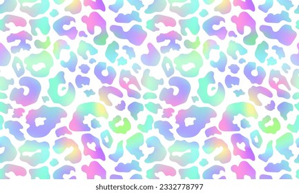 Trendy Neon Leopard pattern horizontal background. Vector rainbow wild animal leo skin, gradient cheetah texture with rainbow spots on white background for fashion print design, wallpapers.