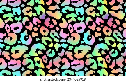 Trendy Neon Leopard pattern horizontal background. Vector rainbow wild animal leo skin, gradient cheetah texture with rainbow spots on black background for fashion print design, wallpapers, decor.