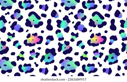 Trendy Neon Leopard pattern horizontal background. Vector rainbow wild animal leo skin, gradient cheetah texture with blue and rainbow spots on white background for fashion print design, wallpapers.