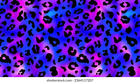 Trendy Neon Leopard pattern horizontal background. Vector rainbow wild animal leo skin, cheetah texture with black spots on violet gradient background for fashion print design, wallpapers.