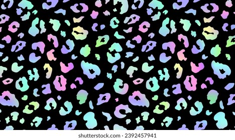 Trendy Neon Leopard pattern horizontal background. Vector rainbow wild animal leo skin, gradient cheetah texture with rainbow spots on black background for fashion print design, wallpapers, decor.