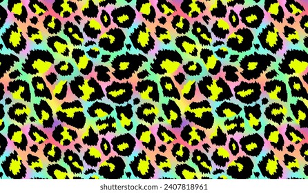 Fondo horizontal de diseño de Neon Leopard. Piel vectorial rainbow wild animal leo, textura gradiente chita con manchas amarillas negras sobre fondo holográfico para diseño de impresión de moda, fondos de pantalla.