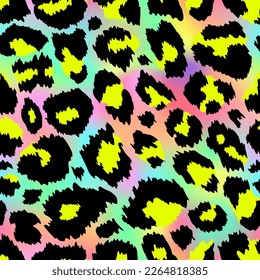 Patrón de moda Neon Leopard sin fisuras. Piel vectorial arco iris de queso animal salvaje, textura de gradiente leo con manchas negras y amarillas en el arco iris para diseño de impresión de moda, papel envolvente, fondo, textil