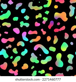 Trendy Neon Leopard seamless pattern. Vector rainbow wild animal leo skin, gradient cheetah texture with rainbow spots on black for fashion print design, textile, wrapping paper, backgrounds.