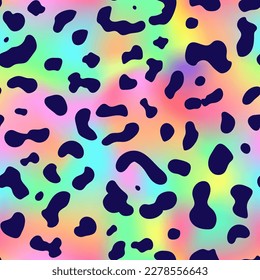 Trendy Neon Leopard seamless pattern. Vector rainbow wild animal leo skin, cheetah texture with black spots on rainbow gradient for fashion print design, textile, wrapping paper, backgrounds.