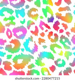 Trendy Neon Leopard seamless pattern. Vector rainbow wild animal cheetah skin, gradient leo texture with neon spots on white background for fashion print design, textile, wrapping paper, backgrounds.