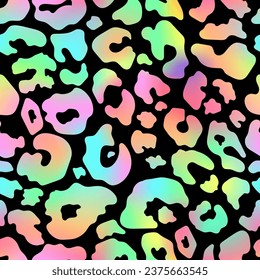 Trendy Neon Leopard seamless pattern. Vector rainbow wild animal cheetah skin, gradient leo texture with neon spots on black for fashion print design, decor, wrapping paper, backgrounds.