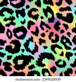 Trendy Neon Leopard seamless pattern. Vector rainbow wild animal leo skin, cheetah texture with hand drawn black spots on gradient background for fashion print design, textile, wrapping paper.