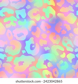 Trendy Neon Leopard seamless pattern. Vector rainbow wild animal cheetah skin, gradient leo texture with neon spots on holographic pink background for fashion print design, backgrounds, wrapping paper