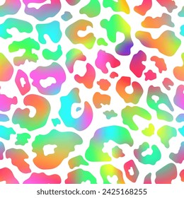 Trendy Neon Leopard seamless pattern. Vector rainbow wild animal leo skin, cheetah texture with hand drawn gradient spots on white background for fashion print design, textile, wrapping.