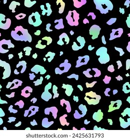 Trendy Neon Leopard seamless pattern. Vector rainbow wild animal leo skin, cheetah texture with rainbow gradient spots on black background for fashion print design, textile, wrapping paper.