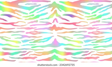 Trendy Neon Tiger pattern horizontal background. Vector rainbow wild animal skin textured background, gradient shiny stripes on white background luxury print. Abstract safari texture for wallpapers.