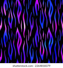 Trendy Neon Tiger seamless pattern. Vector rainbow wild animal skin textured background, dark gradient stripes on black background luxury print. Abstract jungle safari texture for wallpapers, design.